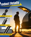Product details showing 28 Inch Gas Struts 200 Pounds With 10Mm Ball Studs Pair features, including antiwear ball ends and heavy gauge steel body.