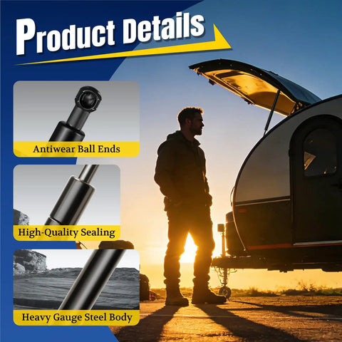 Product details showing 28 Inch Gas Struts 200 Pounds With 10Mm Ball Studs Pair features, including antiwear ball ends and heavy gauge steel body.