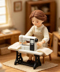 Straight Up Classic White Sewing Machine Prop For 1 12 Scale Dollhouse Miniature Decor, with doll sewing on fabric.