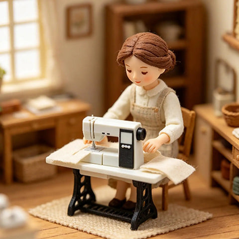 Straight Up Classic White Sewing Machine Prop For 1 12 Scale Dollhouse Miniature Decor, with doll sewing on fabric.