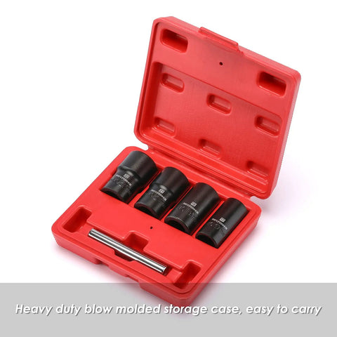 Super Tough Chrome Moly Lug Nut Remover And Bolt Extractor Set in red case with 17 19 21 22mm sockets and 12mm punch bar