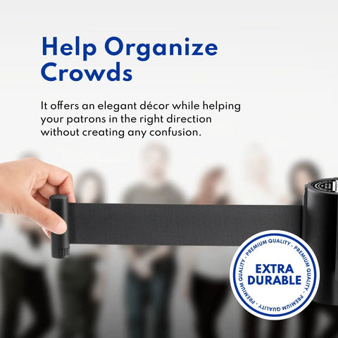 Hand extending black belt from 36-Inch Stanchions Set Of 2, 6.5-Foot Retractable Belt, Boss-Grade Heavy-Duty Steel, for event crowd control