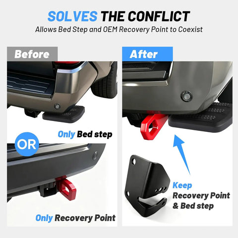 Image showing the Heavy Duty Bed Step Relocation Bracket Kit For 2024 To 2026 Toyota Tacoma allowing bed step and recovery point coexist.