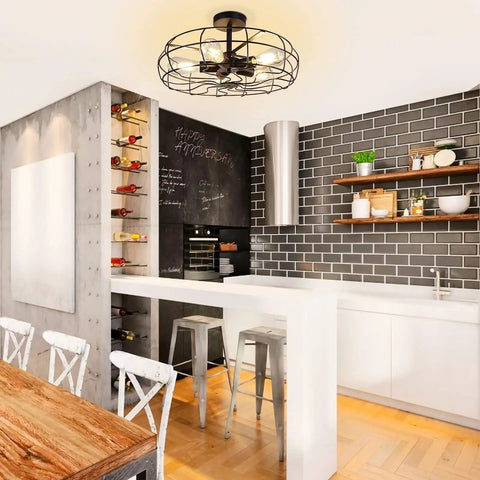 Five Light Industrial Ceiling Light With Rustic Wire Cage In Oil Rubbed Bronze Farmhouse Semi Flush Mount in a modern kitchen