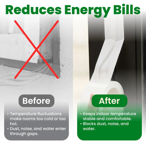 Before and after comparison showing Heavy Duty Window Weather Sealing Tape Kicks Those Nasty Drafts Straight Out Of Your Home Seals AC gaps.