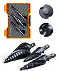 Cobalt TiAlN Step Drill Bit Set Three Pack With Double Spiral Flutes And Hex Shank One Eighth To Seven Eighths Inch For Metal