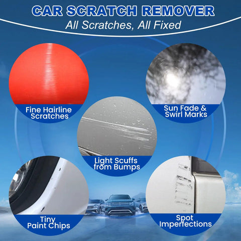 Image showing different types of car scratches including fine hairline scratches, sun fade, light scuffs, paint chips, and spot imperfections.