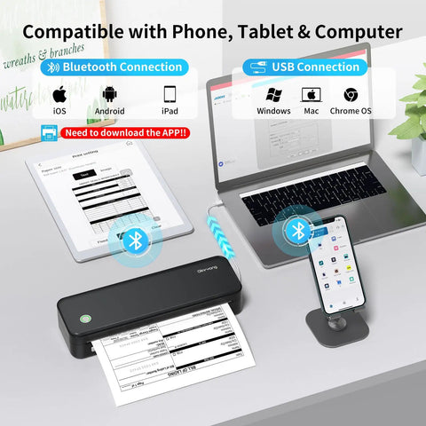 Inkless Portable Printer For Travel, Wireless Bluetooth Thermal Printer, Supports 8.5 By 11 Inch Paper, includes laptop and phone