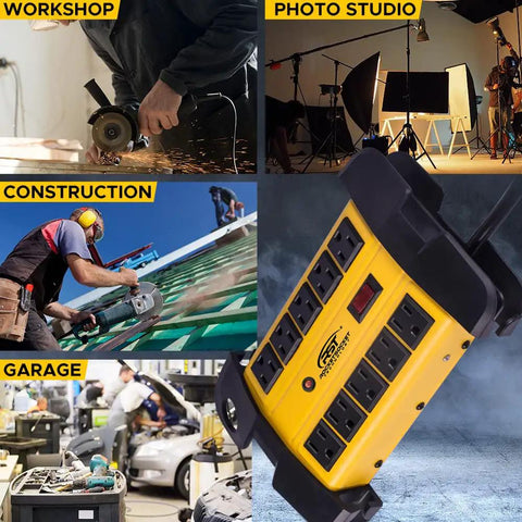 Heavy Duty 10 Outlet Power Strip With Beefy Metal Housing, shown in workshop, construction, photo studio, and garage settings.