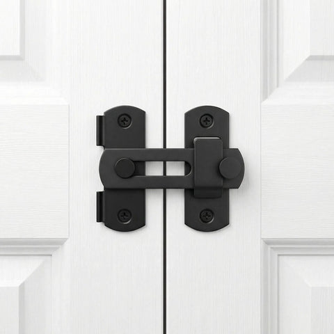 Barn Door Lock Set With Sliding Door Hardware In Carbon Steel Black Finish installed on a white door
