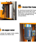 Close-up of the bi-directional stretch film frame on the Industrial Strength Automatic Pallet Wrapping Machine Featuring Heavy Duty Turntable.