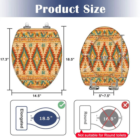 Elongated Native american indian ornament geometric ethnic Toilet Seat dimensions with size indicators and installation details.