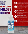 Front view of quart-size Duratec clear hi-gloss additive bottle with product benefits text in background.
