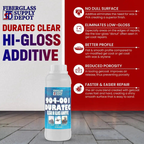 Front view of quart-size Duratec clear hi-gloss additive bottle with product benefits text in background.