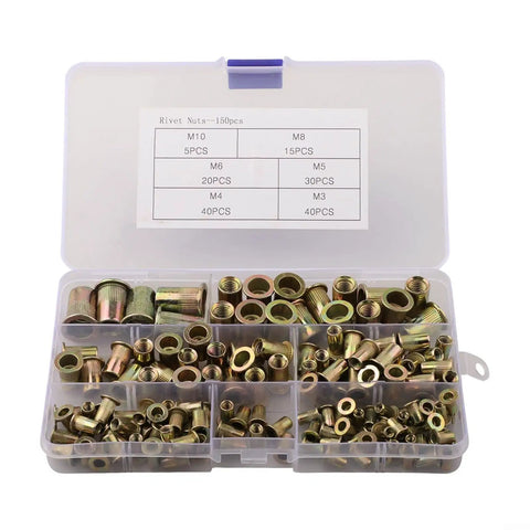Top Tier 150 Pc Rivet Nut Assortment Kit featuring Zinc Plated Carbon Steel Threaded Insert Nuts For Heavy Duty Automotive Sheet Metal Repair And Fabrication Projects With M3-10 Sizes Perfect For Pros And DIYers Alike To Get The Job Done Right. plastic case with M3-M10 zinc-plated carbon steel rivet nuts