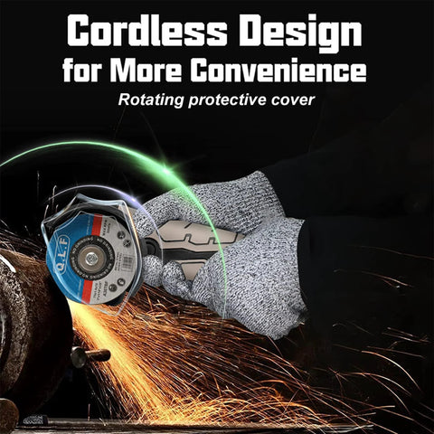 Side view of cordless angle grinder with blue grinding disc and protective guard, sparks flying.