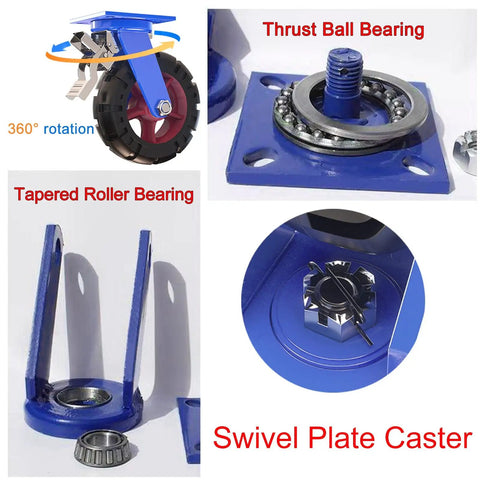 Tough As Nails Heavy Duty Industrial Caster Wheels 4 Pack, showing thrust ball bearing and swivel plate components.