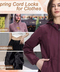 Woman wearing jacket with text 'Spring Cord Locks for Clothes' and images of hoodies, sweatpants, and cargo pants.