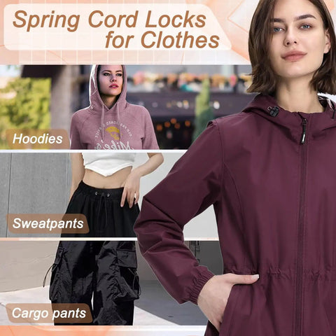 Woman wearing jacket with text 'Spring Cord Locks for Clothes' and images of hoodies, sweatpants, and cargo pants.