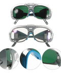 Heavy Duty Pair Of Welding Goggles With Double Layer Plastic Lens, showing green tinted and clear lenses with snug fit design.