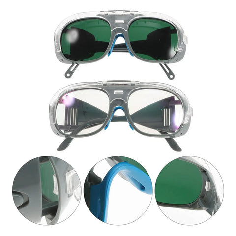Heavy Duty Pair Of Welding Goggles With Double Layer Plastic Lens, showing green tinted and clear lenses with snug fit design.