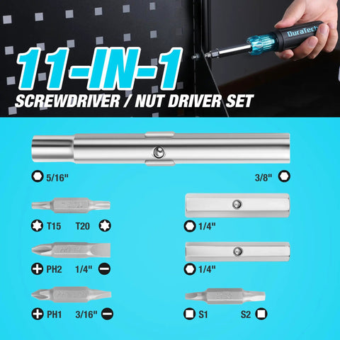 11 In 1 Multi Bit Screwdriver And Nut Driver Kit With S2 Steel Bits Portable Compact Tool displayed with components