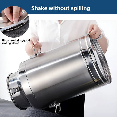 Cool Heavy Duty Storage Bucket With Secure Lids, 304 Stainless Steel Milk Can And Wine Pail Tote, Sealed Grain Container For Rice Coffee Beans Dog Food That Keeps Everything Fresh And Ready being securely held with a silicone seal.