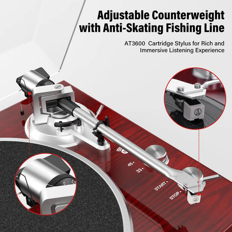 Cool Red Belt Drive Turntable For Vinyl Records With Bluetooth Output Connection showing adjustable counterweight and AT3600 cartridge.