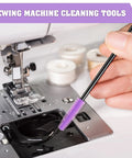 RimCereal sewing machine cleaning brush with purple silicone bristles for cleaning internal and spool area.