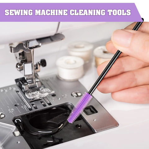 RimCereal sewing machine cleaning brush with purple silicone bristles for cleaning internal and spool area.