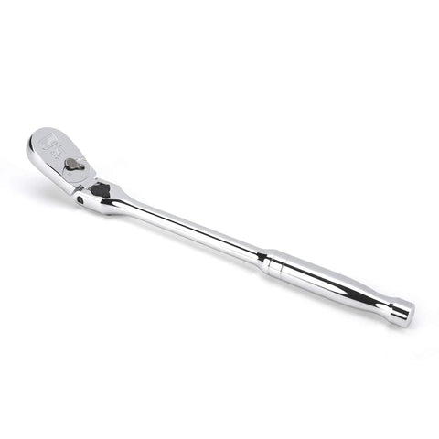 3/8 Inch Drive 84-Tooth Locking Flex Head Teardrop Ratchet, 11-1/2 Inch Handle, Enclosed Head, chrome finish, side view