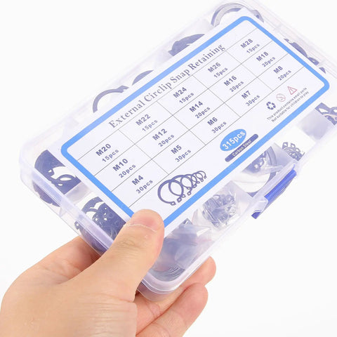 315-Piece External Retaining Rings Kit With Steel Snap Rings For Gears And Pulleys, Dope Compact Clips For Generators And Ships, Sizes 4 Mm To 28 Mm Range., clear plastic case of carbon steel external circlip snap rings, assorted M4-M28 sizes