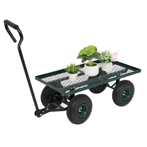 Heavy Duty Metal Deck Garden Cart With 10 Inch Air Tires For Farm Yard And Cargo Large 34 Inch By 18 Inch Utility Wagon Green