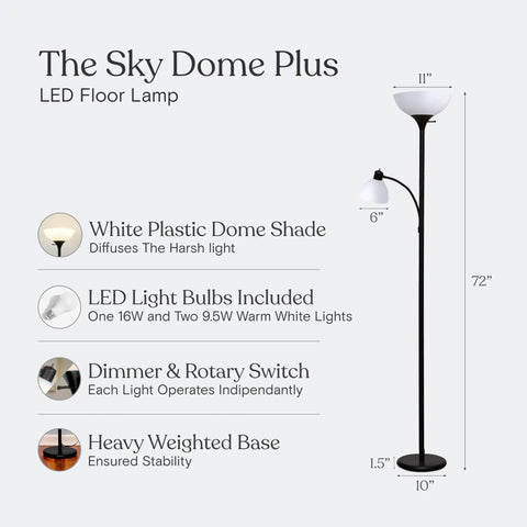 Sky Dome Plus LED Floor Lamp Torchiere with reading arm, white plastic dome shade, heavy base, dimmable, 72 inches tall, black