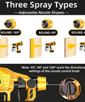 Three spray types for the cordless paint sprayer, showcasing round nozzle adjustments at 45°, 90°, and 180° angles.