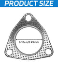 Exhaust gasket, triangular 3-bolt flange with 2.49-inch bore, perforated metal surface (front view)