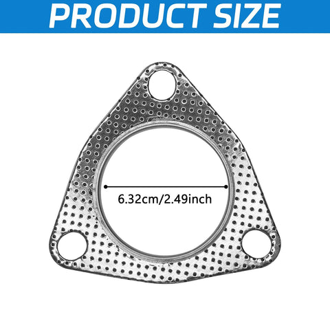 Exhaust gasket, triangular 3-bolt flange with 2.49-inch bore, perforated metal surface (front view)