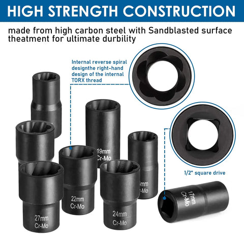 Lug Nut Removal Tool Set 10 Piece Lug Nut Extractor Kit Half Inch Drive For Damaged Frozen Studs Rusted Rounded Off Bolts And Nuts