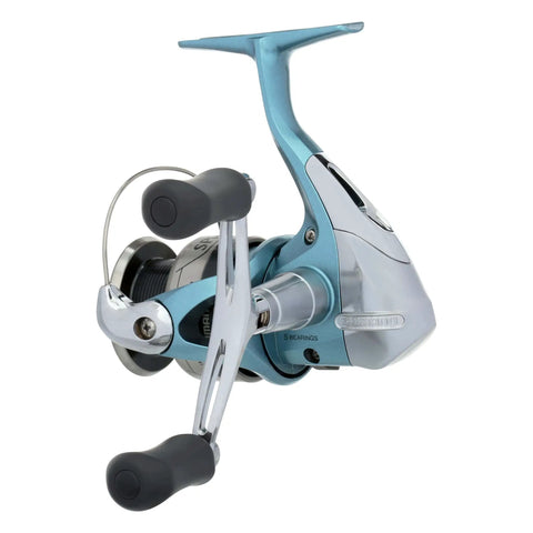 Side view of Spirex FG Spinning Reel With Propulsion Line Management System And QuickFire II, showing graphite frame and aluminum spool.
