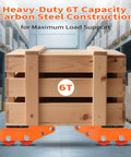 Heavy Duty Machinery Mover Skate Dolly With 6 To 12 Ton Capacity underneath wooden crate in warehouse setting.