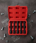 Rock Solid Five Piece Extended Thin Wall Impact Socket Set With Narrow Profile Design For Tough Car Wheel Maintenance And Automotive Repairs red case
