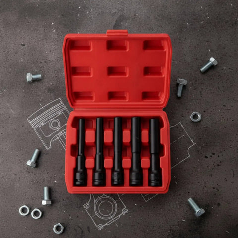 Rock Solid Five Piece Extended Thin Wall Impact Socket Set With Narrow Profile Design For Tough Car Wheel Maintenance And Automotive Repairs red case