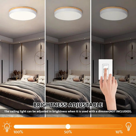 Dimmable Wood LED Flush Mount Ceiling Light With Five CCTs 2700K To 6000K Modern Round Close To Ceiling Fixture In Bedroom