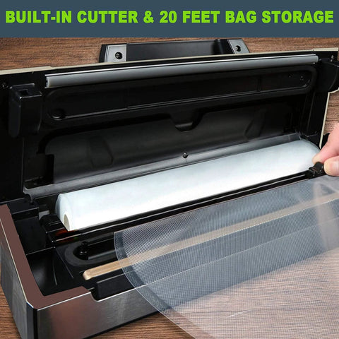 Potane Precision Vacuum Sealer with built-in cutter and bag storage; front view with white bag roll.