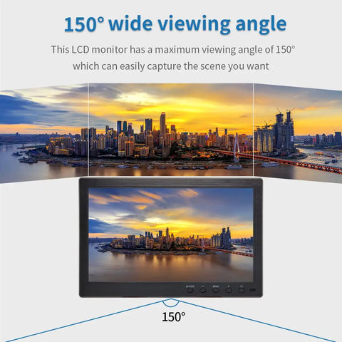 150° wide viewing angle of the 10.1 Inch Portable Security Monitor With 1024x600 HD Display, showing a panoramic cityscape