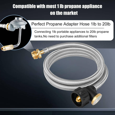 6 Ft Stainless Braided Propane Hose Adapter From 1 Lb To 20 Lb Tanks With Gauge For QCC1 Type 1 Connections, coiled view