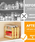 Make Your Kitchen Sing With Heavy Duty Bamboo Pull Out Spice Rack Cabinet Organizer showing neat after use with spice jars.