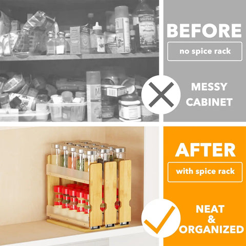 Make Your Kitchen Sing With Heavy Duty Bamboo Pull Out Spice Rack Cabinet Organizer showing neat after use with spice jars.