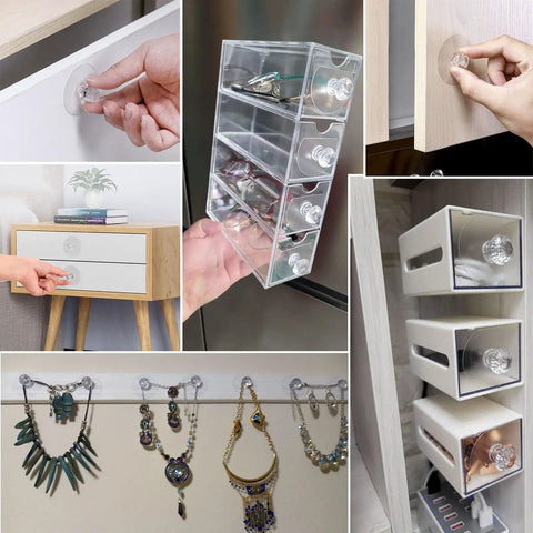 Crystal Acrylic Drawer Knobs 25 Piece Set Self Adhesive Stick On Pull Handles For Dressers Cabinets Wardrobes Bathrooms And More Drill Free Easy Install Glitter Sparkle Finish on drawers and cabinets