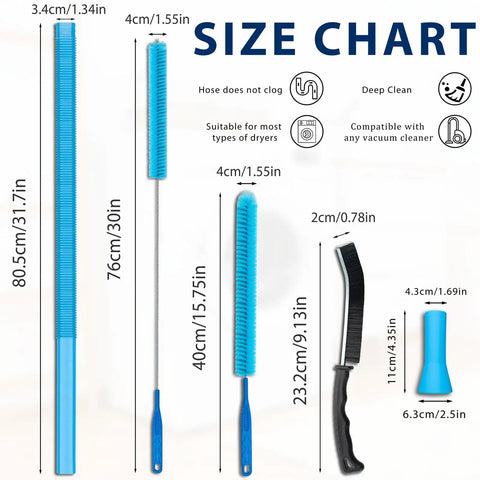 Size chart for All In One Dryer Vent Cleaning Kit With Flexible Hose And Lint Brush Set Vacuum Attachments For Universal Compatibility
